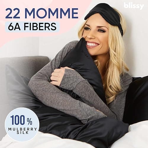Blissy Silk Pillowcase - 100% Pure Mulberry Silk - 22 Momme 6A High-Grade Fibers - Silk Pillow Cover for Hair & Skin - Regular, Queen & King (Black, Standard) thumbnail 2