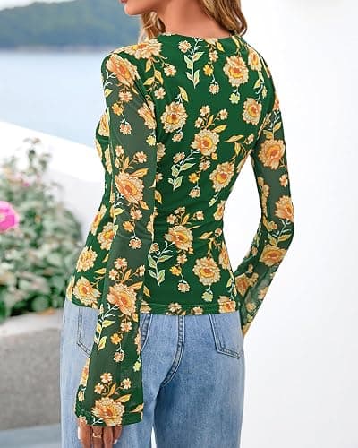 BTFBM Button Down Shirts for Women 2026 Spring Boho Tops V Neck Long Sleeve Blouses Ruched Mesh Fitted Fall Fashion thumbnail 3