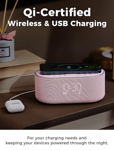 Odokee Wireless Charging Alarm Clock Radio: Qi Certified Fast Wireless Charger for iPhone Samsung - 10W Stereo Bluetooth Speaker - Dimmable Digital Clock with FM Radio for Bedroom Pink thumbnail 3