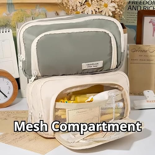 Onlvye Big Capacity Pencil Case 3 Compartments Large Pencil Pouch Pen Bag Pencil Box Holder Organizer Simple Storage Aesthetic Stationery Cosmetic for Adults Men Women Office Essentials (White) thumbnail 8