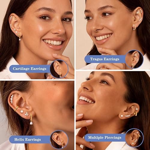 DEWEN Hypoallergenic Flat Back Earrings Set for Women | Cartilage Earrings Stacks | 14K Gold Plated Surgical Steel Studs | Hoop Earring Sets for Women | Small Helix Flatback Studs for Ear Piercing thumbnail 2