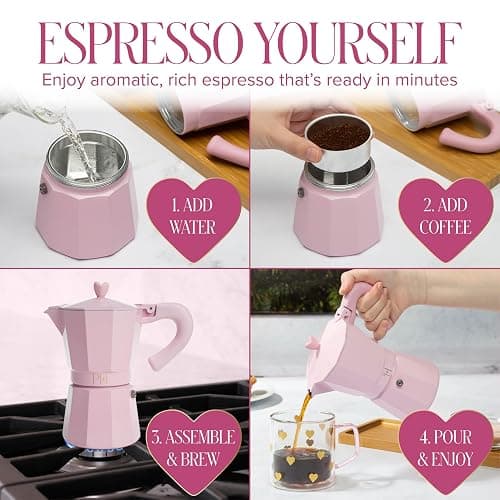 Paris Hilton Stovetop Espresso and Coffee Maker, Italian & Cuban Style Coffee Pot with Iconic Heart Knob, Perfect for Rich Aromatic Espresso, Makes up to 6 Espresso Cups, Pink thumbnail 6