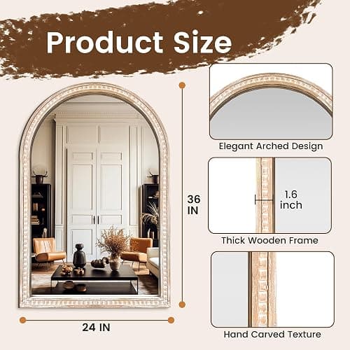 AMOISE Arched Vanity Wall Mirror 36 x 24 Inch Beaded Wood Frame Boho Farmhouse Decorative Mirror for Bathroom Bedroom Entryway Living Room thumbnail 2