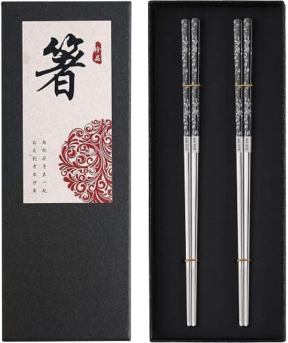 Stainless Steel Chopsticks Titanium Plated Metal Chopsticks Reusable Dishwasher safe Premium Japanese Korean Chopstick Laser Engraved Anti-slip Chop Sticks for Eating 2 Pairs Gift Set Black Silver - Image 1