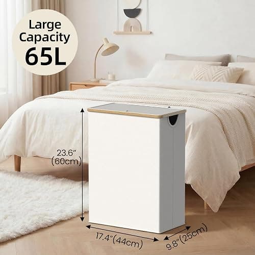 efluky Slim Laundry Basket with Lid, Narrow Laundry Hamper with Removable Bag, Skinny Dirty Clothes Basket with Bamboo Handles for Bathroom, Bedroom & Laundry Room, 65L Beige thumbnail 3