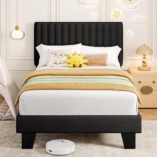 Feonase Twin Bed Frames with Upholstered Headboard, Linen Platform Bed Frame with Wooden & Metal Slats Support, Storage Space Under Bed, No Box Spring Needed, Easy Assembly, Black - Image 1
