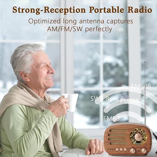 M-Amazup Radios Portable AM FM SW, Retro Radio with Speaker, Transistor Radio Bluetooth 5.3, Rechargeable Battery Powered, TWS, Support TF Card/MP3/USB Playing, Gifts for Senior, Light Wood thumbnail 4
