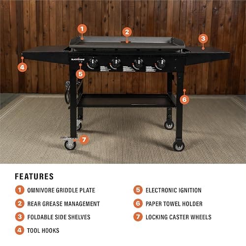 Blackstone 36 Inch 4 Burner 60,000 BTU Portable Steel Griddle Cooking Station with Foldable Legs, Grease Pan, and Storage Rack, Black thumbnail 4