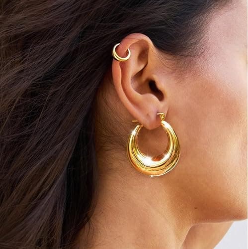 Necocy Chunky Gold Hoop Earrings for Women Non Tarnish, 14k Gold Plated Thick Triple Hoop Earrings Hypoallergenic Trendy Hoops Dainty Jewelry Gifts for Women thumbnail 4