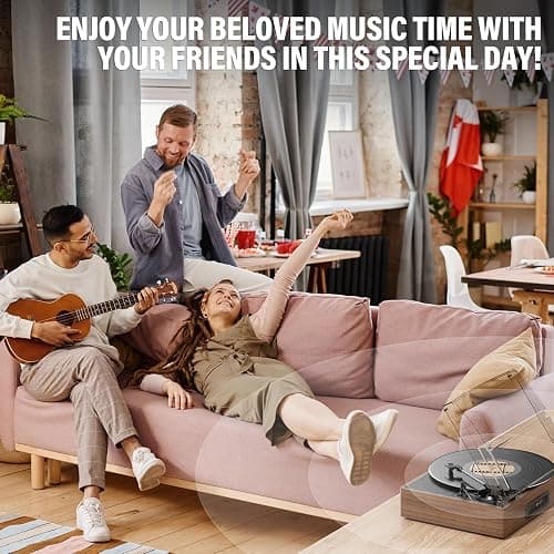 Record Player for Vinyl with 2 Build-in Speakers LP Vinyl Players Belt-Driven Vintage Turntables 3 Speed 3 Size, Wireless Bluetooth Playback, AUX-in,RCA Out, Headphone, Auto Stop Wood thumbnail 7