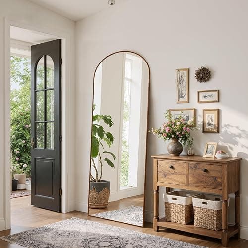 Reflix 147 x 44 cm Arched Full Length Mirror, Aluminium Frame with Walnut Wood Look, Freestanding Hanging Leaning Wall Mounted Full Length Dressing Mirror for Living Room, Bedroom thumbnail 7