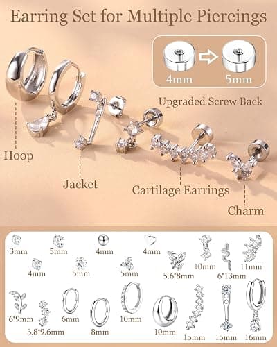 Hypoallergenic Cartilage Earrings for Women 20G Helix Piercing Jewelry Earring Flat Back Surgical Stainless Steel Gold Stud Hoop Cartilage Earring Set Daith Tragus Conch for Multiple Piercing Single thumbnail 5