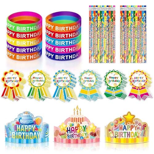 LACCHOUFEE 120 Pieces Happy Birthday Kits for Kids Classroom - Include Adjustable Happy Birthday Hats, Colored Silicone Stretches, Badge Stickers and Pencils, School Kindergarten Party Supplies - Image 1