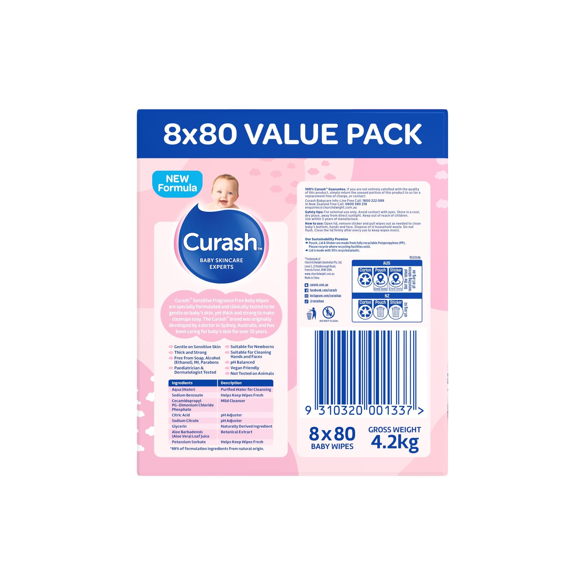 New Formula Curash Fragrance Free Baby Wipes, 8x80 Pack, For Sensitive Skin, Suitable for Newborns, Thick & Soft Texture, No Soap, Alcohol Or Parabens, Everyday Cleansing And Nappy Changes, 640 Wipes (packaging may vary) thumbnail 2