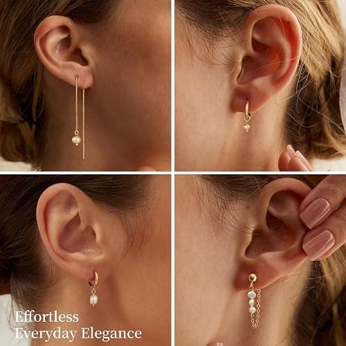 Pearl Earring Stacks for Women – Dainty 14K Gold Plated Hypoallergenic Hoop & Dangle Earrings Set thumbnail 3