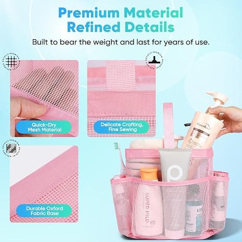EUDELE Mesh Shower Caddy Portable for College Dorm Room Essentials,Portable Shower Caddy Dorm with 8-Pocket Large Capacity, Shower Bag for Beach, Swimming, Gym, Travel essentials, Pink thumbnail 3