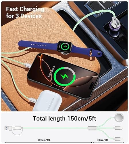 Temdan for Travel Vacation Essentials,3 in 2 USB C Cable for Apple Watch Charger/iPhone 17 Charger/Lightning,Multi Charging Cable Cord,Camping Essentials,Designed for iWatch &iPhone 16-12-5FT Green thumbnail 4