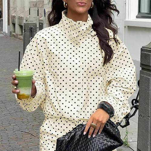 JoinQueen Women Polka Dot Jacket Stand Collar Cropped Jackets Zip Up Coat Casual Fashion Coat Fall Spring Jacket with Pockets thumbnail 7