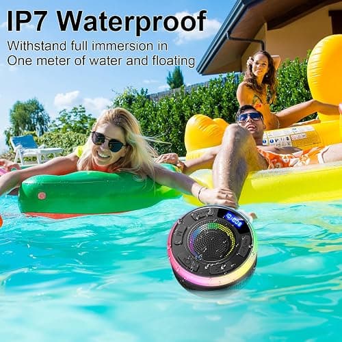 Shower Bluetooth Speaker IPX7 Waterproof, Portable Bluetooth Speakers with Suction Cup and Time Display, Crystal Sound&Bass LED Light 1100mAh, Wireless Shower Speaker for Outdoor/Kayak/ Gifts/Beach thumbnail 4