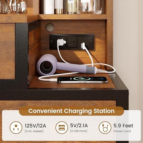 Tiptiper Vintage Makeup Vanity with Lights in 3 Colors, Vanity Table with Charging Station of 2 USB Ports and Outlets, Vanity Desk with Large Mirror, Drawers and Shelves, Rustic Brown and Black thumbnail 3
