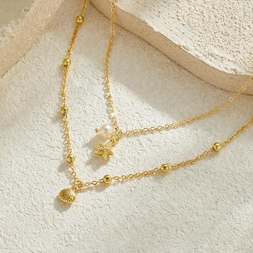 Seashell Starfish Necklace for Women Conch Shell Summer Pearl Beach 14k Gold Layered Dainty Choker thumbnail 2