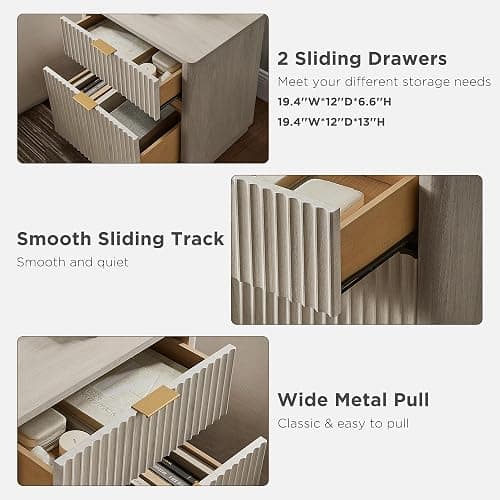 T4TREAM 23'' Fluted Nightstand Set of 2 with Charging Station, Large 2 Drawer Side Table, Modern End Table with Storage, Mid Century Bedside Table for Bedroom, Living Room, Curved Profile, White Alder thumbnail 8