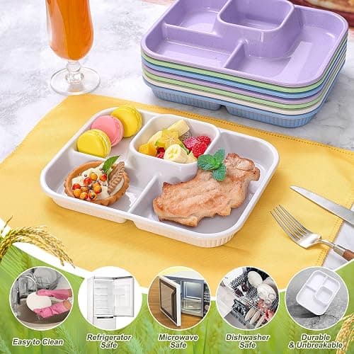 Pinkunn 8 Pcs 10'' Divided Plates Unbreakable Wheat Straw Dinnerware Lunch Trays Lightweight Reusable Plastic Compartment Microwave Dishwasher Safe Separator Plates (White, Blue, Purple, Green) thumbnail 6