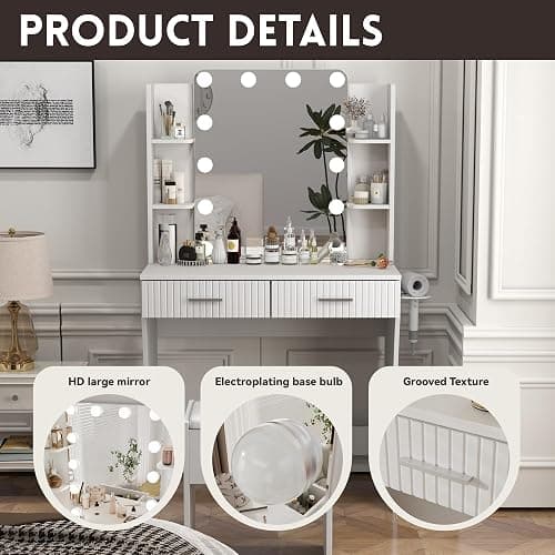 Otterease Vanity Desk with LED Lighted Mirror, Makeup Vanity with 3 Adjustable Lights, 2 Large Drawers and 4 Open Shelves, White Vanity with Storage Stool for Bedroom thumbnail 5