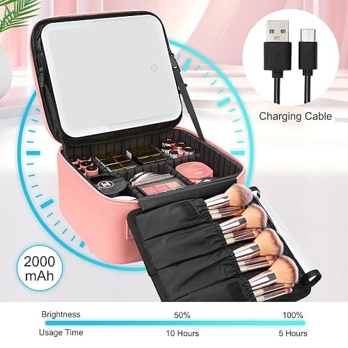 Relavel Travel Makeup Bag With LED Mirror Portable Travel Makeup Organizer 3 Color Adjustable Brightness Waterproof Cosmetic Train Case with Removable Dividers Makeup Storage for Women, Pink thumbnail 5