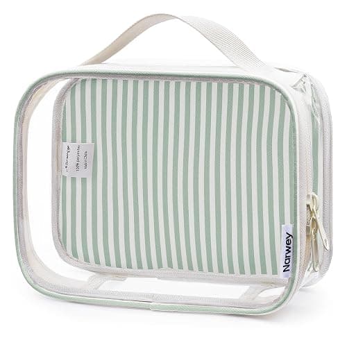 Narwey TSA Approved Clear Toiletry Bag for Travel, Waterproof PVC Clear Makeup Bags, Portable Compact Cosmetic Bag Make Up Organizer, Airport Airline Quart Size Compliant Bag (Mint Green Stripe) - Image 1