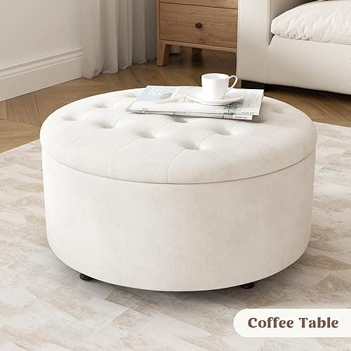 YUUIJOAA 30 Inch Round Storage Ottoman,Modern Tufted Ottomans,Circular Coffee Table with Removable Top,Upholstered Large Ottoman with Storage Footrest Stool for Bedroom Living Room (White) - White thumbnail 8
