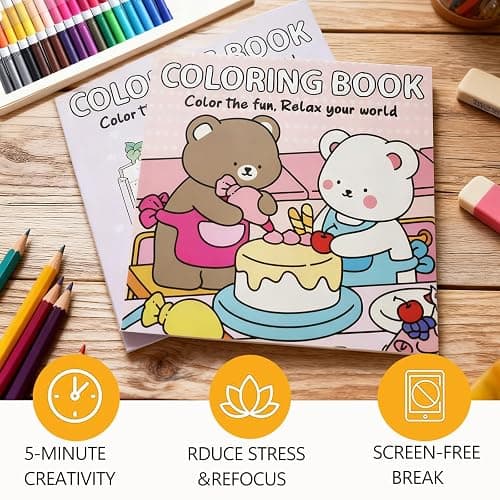 Cute Coloring Book Set for Teens Adults Relaxation, Easy and Simple Designs Coloring Book for Teens Girls, Stress Relief Gifts for Women with 36 Colors Markers & 12 Glitter Pens & 12 Colored Pencils thumbnail 5