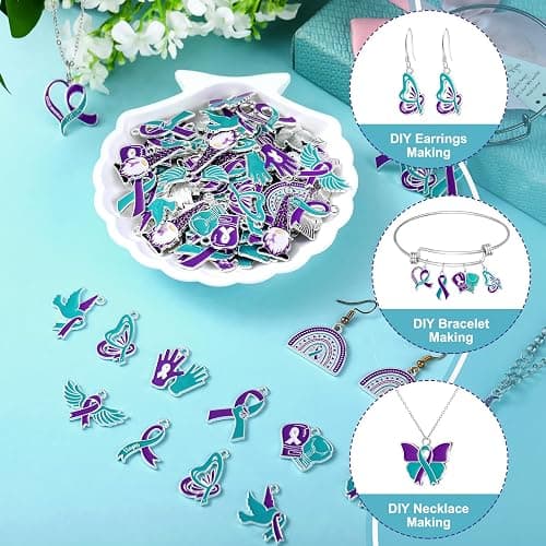Kenning 120 Pcs Suicide Prevention Awareness Charms Bulk Teal and Purple Ribbon Charms Suicide Awareness Items Sexual Assault Pendant for Jewelry Making DIY Necklace Bracelet Earring Crafts thumbnail 4