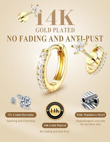 Hypoallergenic Gold Stud Earrings for Women - 14k Gold Plated Surgical Stainless Steel Flat back Earrings Set Small Huggie Hoop Flatback Earring for Sensitive Ears Screw Back Cartilage Piercing Jewelry thumbnail 4