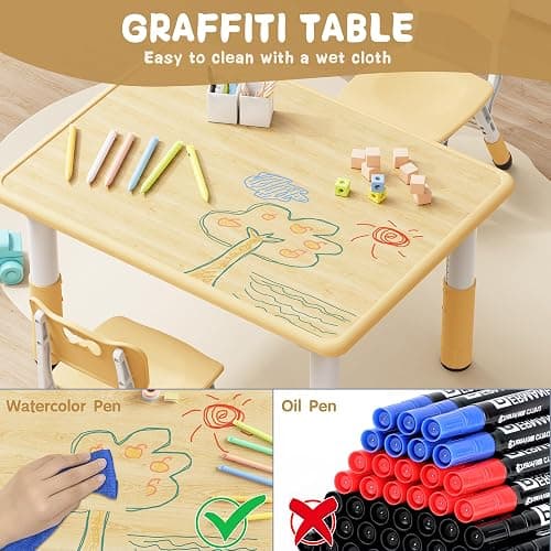 Brelley Kids Table and 2 Chairs Set, Height Adjustable Toddler Desk 31.5" L x 23.6" W and Chair Set, Graffiti Desktop, Classroom/Daycare/Home, Children Multi-Activity Table for Ages 3-8 thumbnail 4