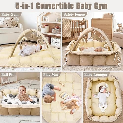 5-in-1 Plush Baby Play Gym, Baby Play Mats, Convertible Baby Gym with Pillow, Tummy time mat, 6 Sensory Toys, Baby Activity Center from Newborn to Toddler, Pet Bed, Cat & Dog Bed, Ball Pit, Cream thumbnail 2