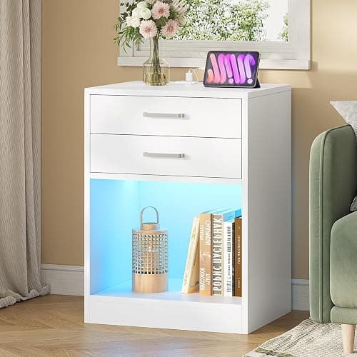 ADORNEVE LED Nightstands Set of 2,Night Stands for Bedrooms Set of 2,Nightstand with Charging Station and LED Lights,White Bedside Table with Power Outlets & Drawers,Modern End Side Table - White thumbnail 6