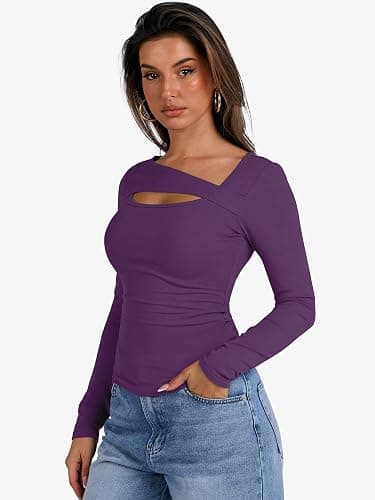 ANRABESS Womens Cutout Tops Trendy Sexy Long Sleeve Shirts Ribbed Slim Fit Tee 2025 Fall Fashion Going Out Tshirts Clothes thumbnail 4