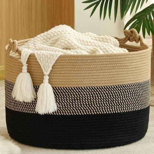 KAKAMAY Large Blanket Basket (20"x13"),Woven Rope Baskets for storage Baby Laundry Hamper, Cotton Rope Blanket Basket for Living Room, Laundry, Nursery, Pillows,Baby Toy chest (Jute/Black) - Image 1