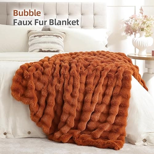 Smoofy Faux Fur Fall Throw Blanket for Couch – Burnt Orange Fluffy Cozy Rabbit Fleece, Plush Soft Bubble Blanket for Sofa & Bed, for Mom, Warm Fuzzy Home Room Decor Throw 60" x 80" thumbnail 2