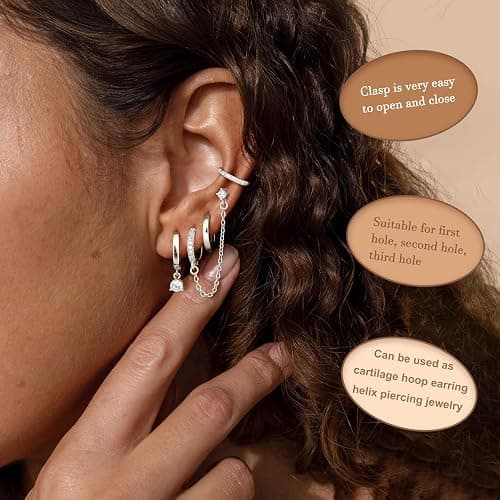 Florideco 4 Pairs Small Hoop Earrings for Women Trendy 14K Gold Plated Chain Drop Earrings Set Hypoallergenic CZ Huggie Hoops Lightweight Cartilage Earring Stacks Women's Jewelry Gifts thumbnail 3