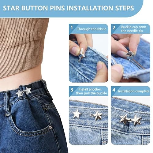 ROPAKED 16 Sets Buttons Pins for Loose Jeans Pant Waist Tightener No Sew Jeans Button Replacement, Reusable Waist Cincher Clip Adjustable Pants Button Tightener Metal Star Brooch for Clothing thumbnail 4