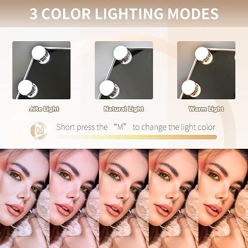 SLIMOON Hollywood Vanity Mirror with Lights, 9 Dimmable LED Bulbs Lighted Makeup Mirror with Detachable 10X Magnification Mirror, 1200mAh Rechargeable, 3 Color Lights, Gifts for Women Mom Teen Girls thumbnail 5