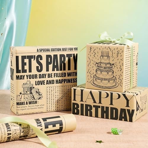 RUSPEPA Kraft Birthday Newspaper Wrapping Paper Roll, Vintage Retro Birthday Headlines with Party Cake & Gifts Design, Kraft Gift Wrap for Adult Milestone Celebration, Party, 17 Inches x 16.4 Feet thumbnail 5