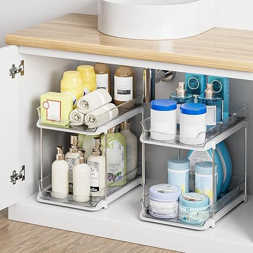 Delamu 2-Tier Multi-Purpose Bathroom Under Sink Organizers and Storage, Stackable Kitchen Pantry Organization, Pull Out Medicine Cabinet Organizer with Movable Dividers, White, 2 Pack thumbnail 5