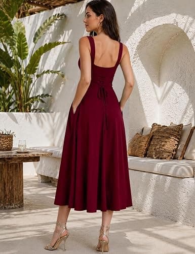 OYS Women's Casual Sleeveless Square Neck A-Line Flowy Long Dress | Side Pockets,Corset,Slim,Solid Color,Stetchy,Elegant,Back Tie,Tank,Party,Club,Dailywear,Goinng out,Wedding Guest,Comfy,Maxi thumbnail 2