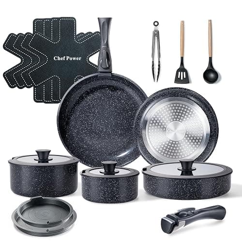 Chef Power Ceramic Nonstick Cookware Set 19 Piece with Detachable Handle, Induction Dishwasher Oven Safe Pans and Pots Set, RV Kitchen Set Removable Handle, Rock Stone Black - Image 1