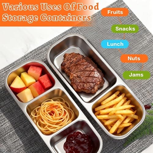 YJSLICT 4 Pack Stainless Steel Snack Containers with Lids, 3-Compartments Reusable Lunch Box for Adults, Food Storage Containers Divided Meal Prep Box for Home, Work, Travel thumbnail 6