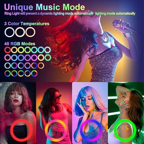 10" Selfie Ring Light with 73" Tripod Stand & 1 Phone Holder, LED Camera Ringlight with 48 RGB Colors Modes & Musical Rhythm Mode and 12 Brightness Dimmable for TikTok/Makeup/Photography/Vlog thumbnail 4
