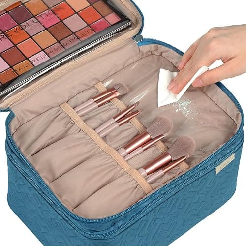 NISHEL Large Double Layer Travel Makeup Bag Women, Cosmetic Case, Organizer for Travel-Size Accessories Bottles, Brushes, Conditioner, and Skin Care Products, Lake Blue thumbnail 4